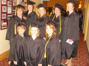 Nursing students at Commencement on May 10, 2009 from L-R Back Row: Kathy Barta-Orlet, Barb Reiss, Marcy Davies, Darlene TeStroete, Front Row: Nancy Niesing, Sue Kassner, January Meyer, Jackie Downey